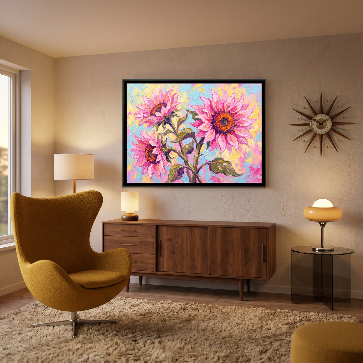 Pink Sunflower Trio - canvas art shown in a styled room