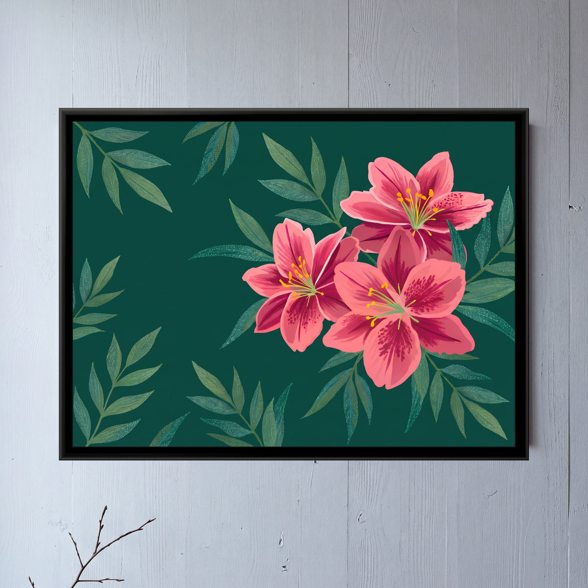 Lilies in the Teal Shadows - framed canvas art hung on a wall
