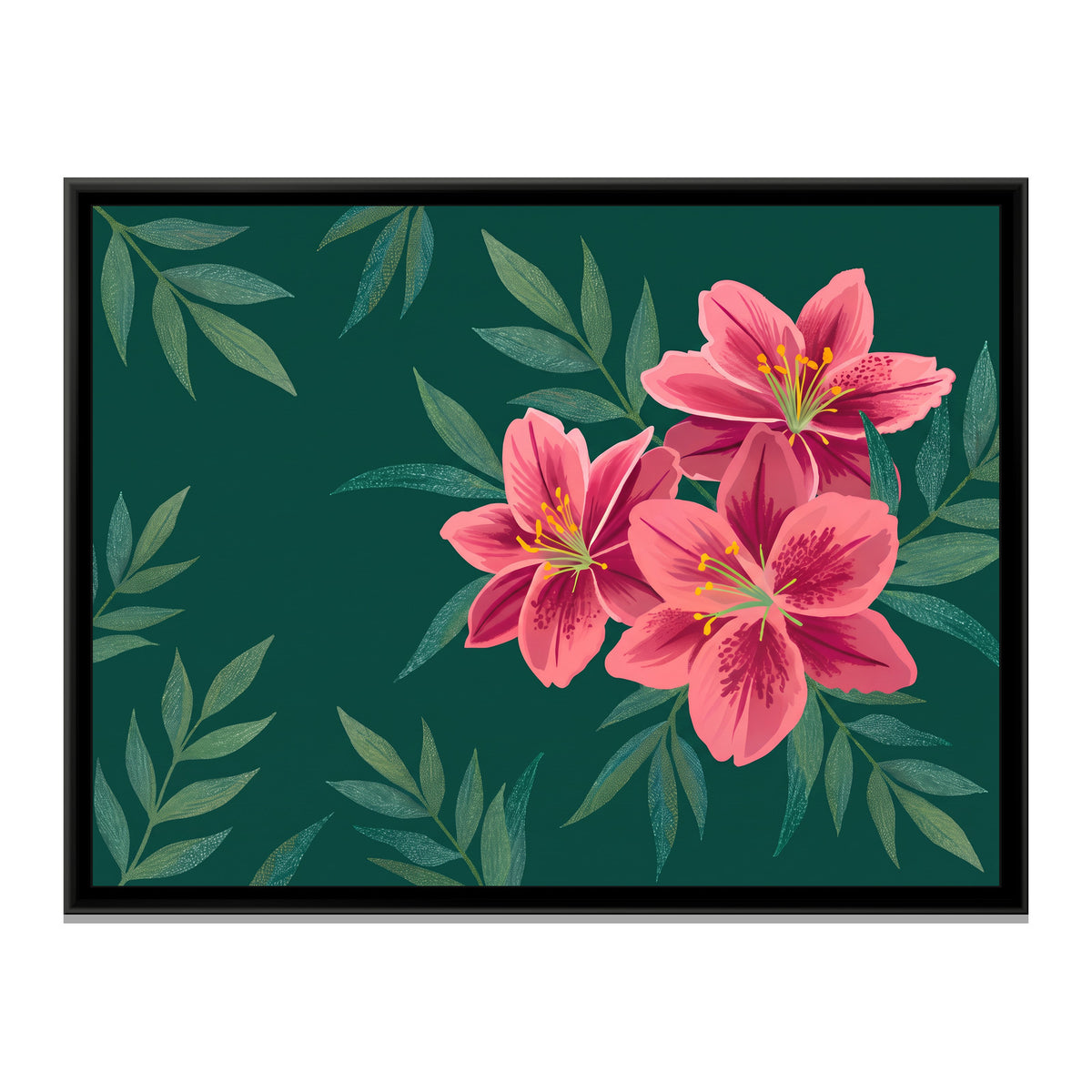 Lilies in the Teal Shadows - framed canvas print, front view