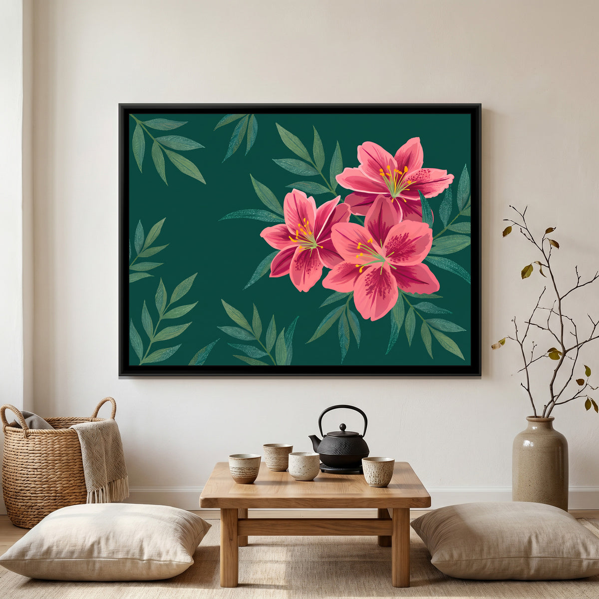 Lilies in the Teal Shadows - canvas art shown in a styled room