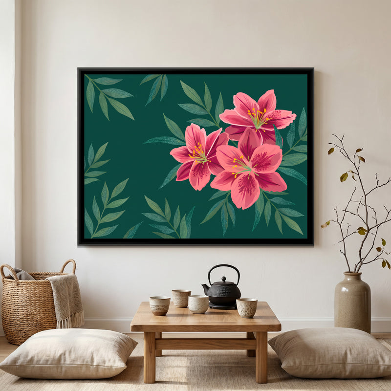 Lilies in the Teal Shadows - canvas art shown in a styled room