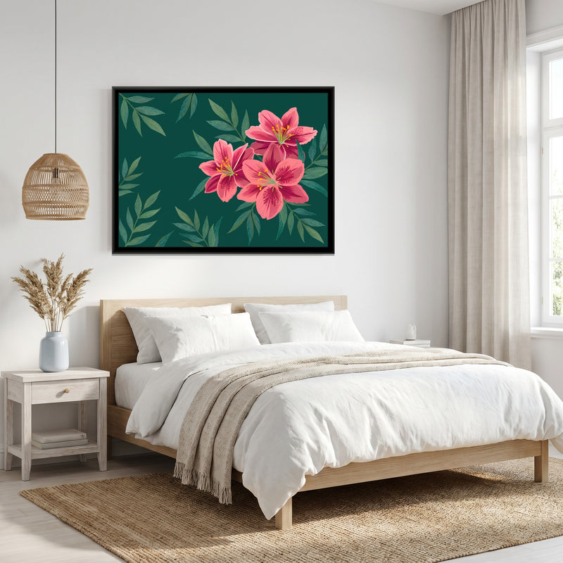 Lilies in the Teal Shadows - canvas art shown in a second room setting