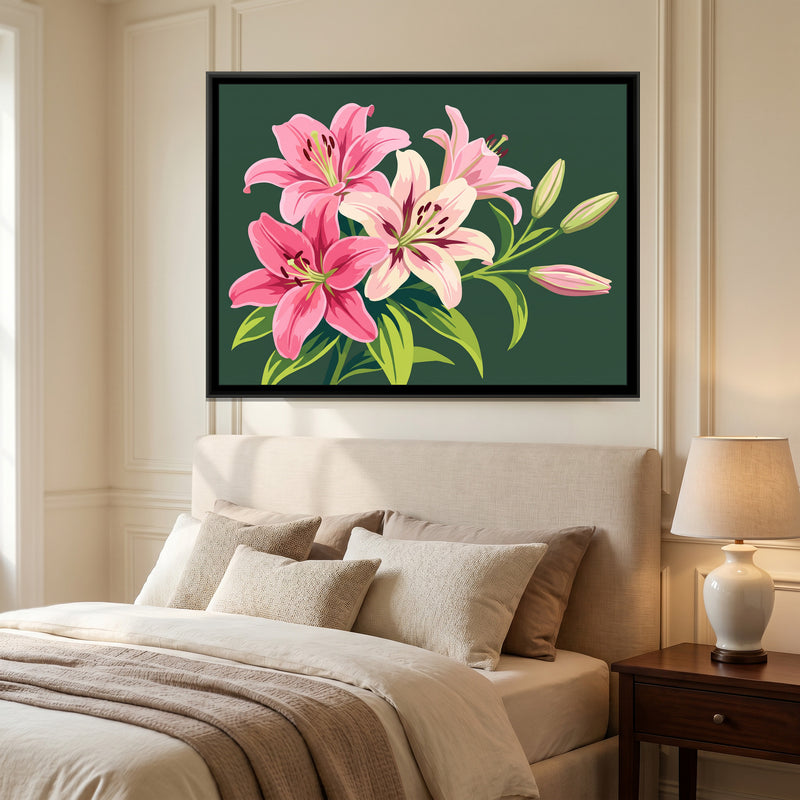 Radiant Pink Lilies - canvas art shown in a second room setting
