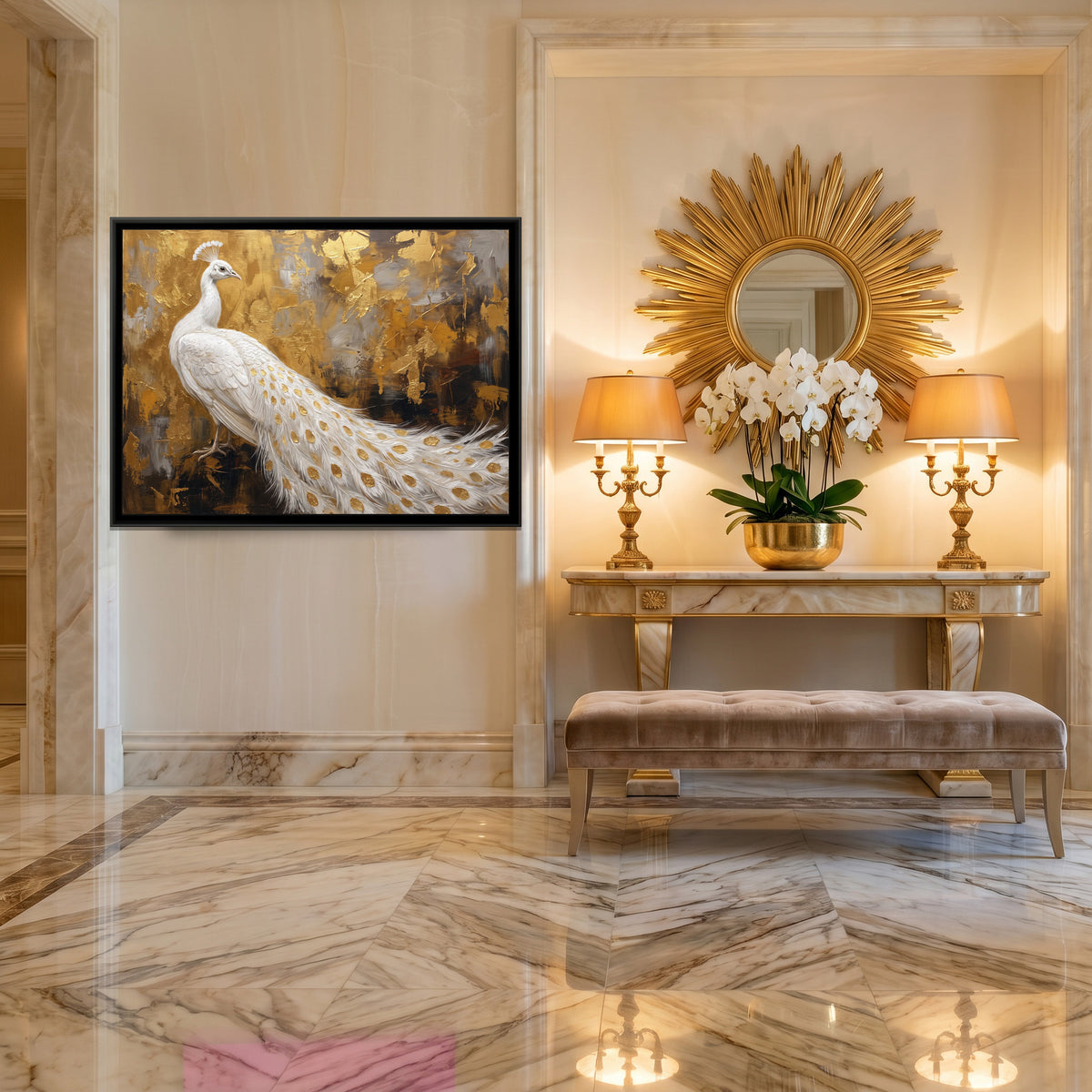 Gilded Plumage - canvas art shown in a styled room