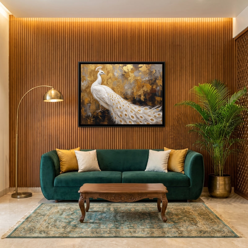 Gilded Plumage - canvas art shown in a styled room