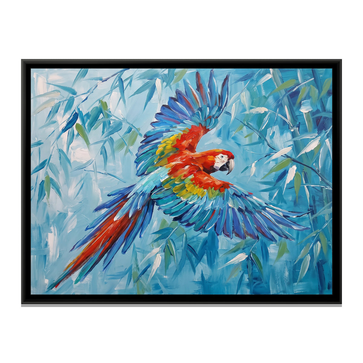 Macaw in Flight - framed canvas print, front view