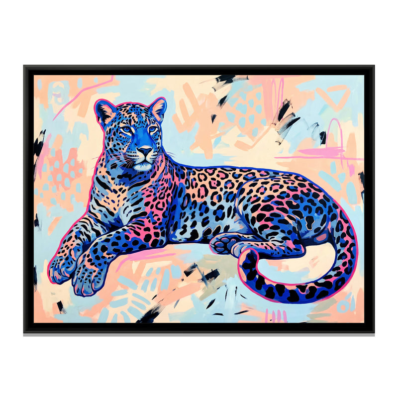Blue Leopard Lounging in Pop Outline - framed canvas print, front view