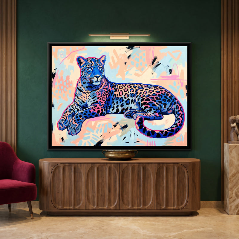 Blue Leopard Lounging in Pop Outline - canvas art shown in a styled room