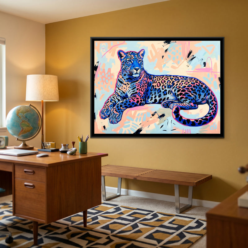 Blue Leopard Lounging in Pop Outline - canvas art shown in a second room setting