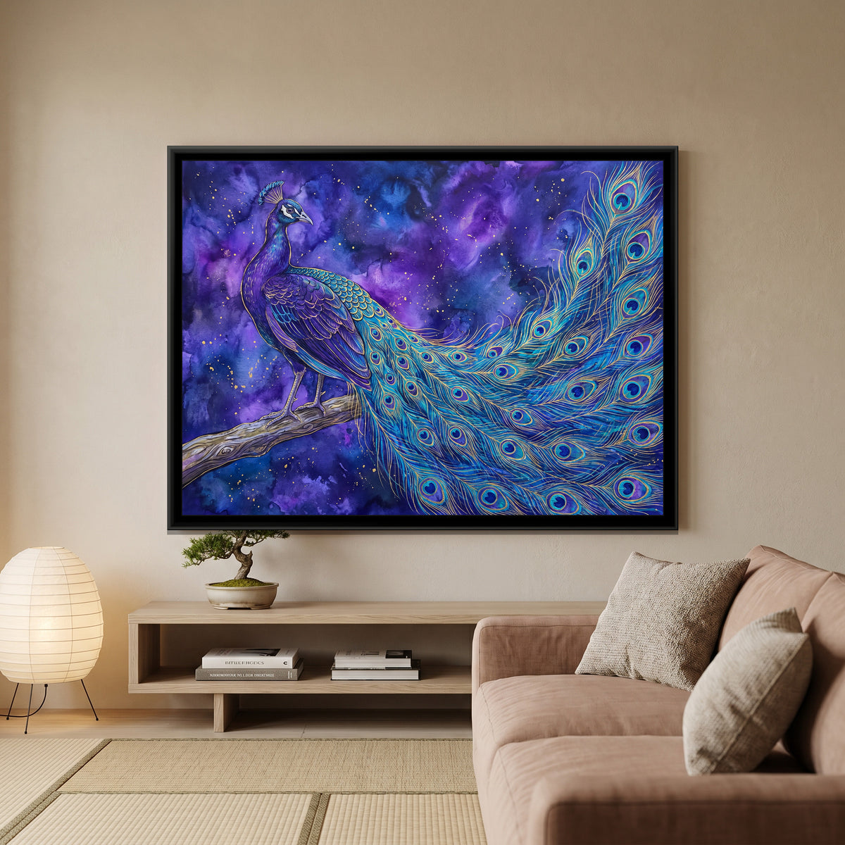 Cosmic Peacock on a Branch - canvas art shown in a styled room