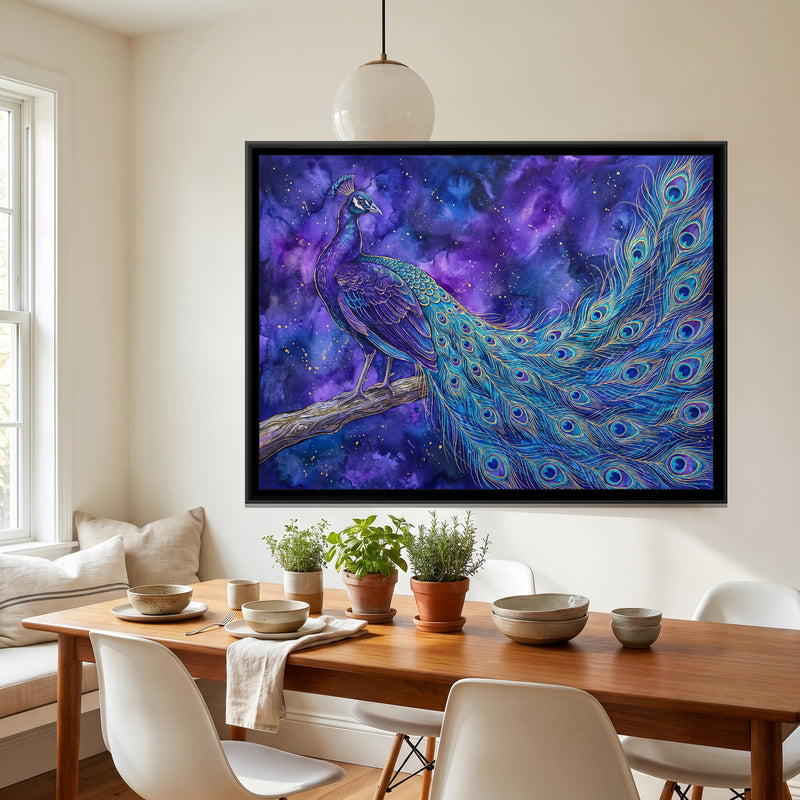 Cosmic Peacock on a Branch - canvas art shown in a second room setting