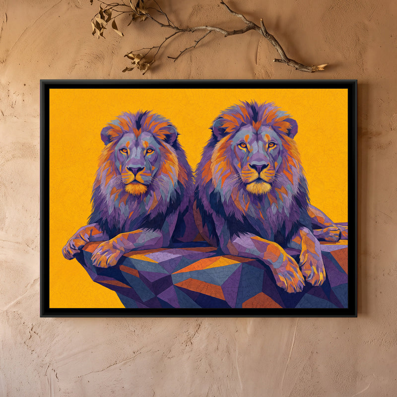 Prismatic Lion in Repose - framed canvas art hung on a wall