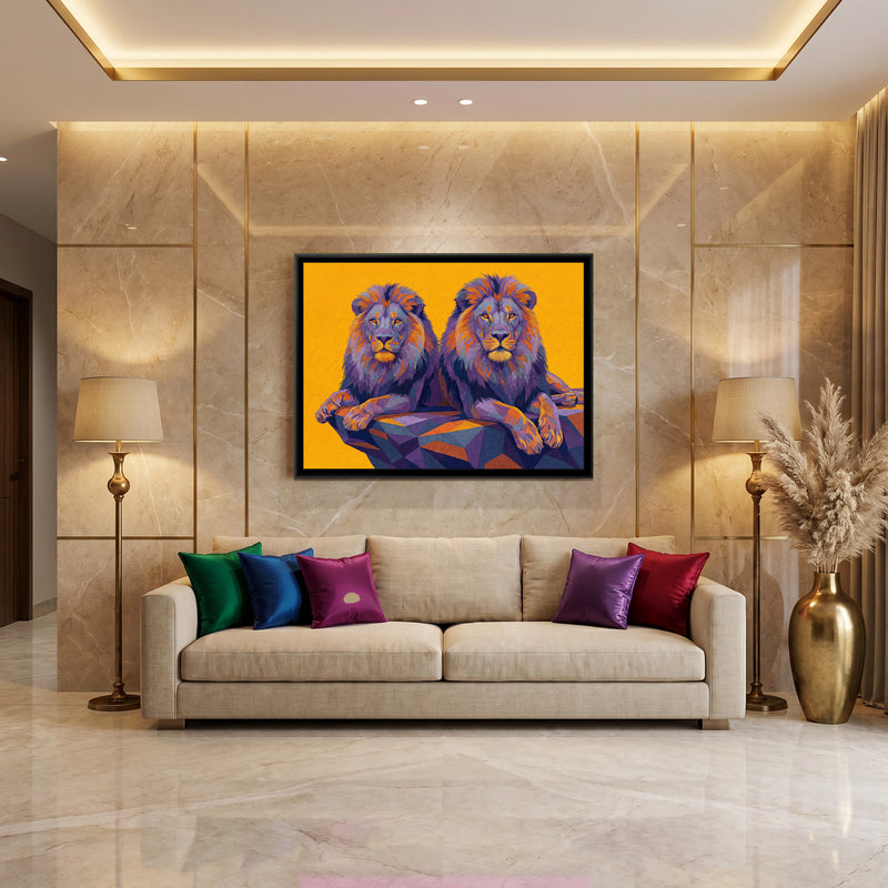 Prismatic Lion in Repose - canvas art shown in a styled room