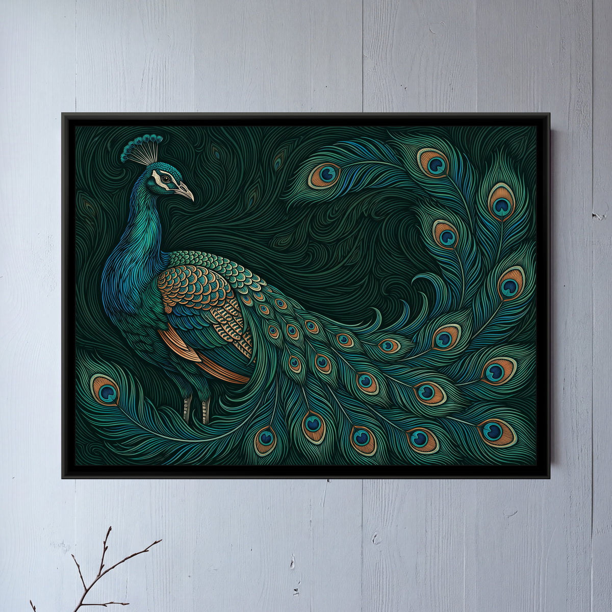 Sweeping Plumage in Teal - framed canvas art hung on a wall