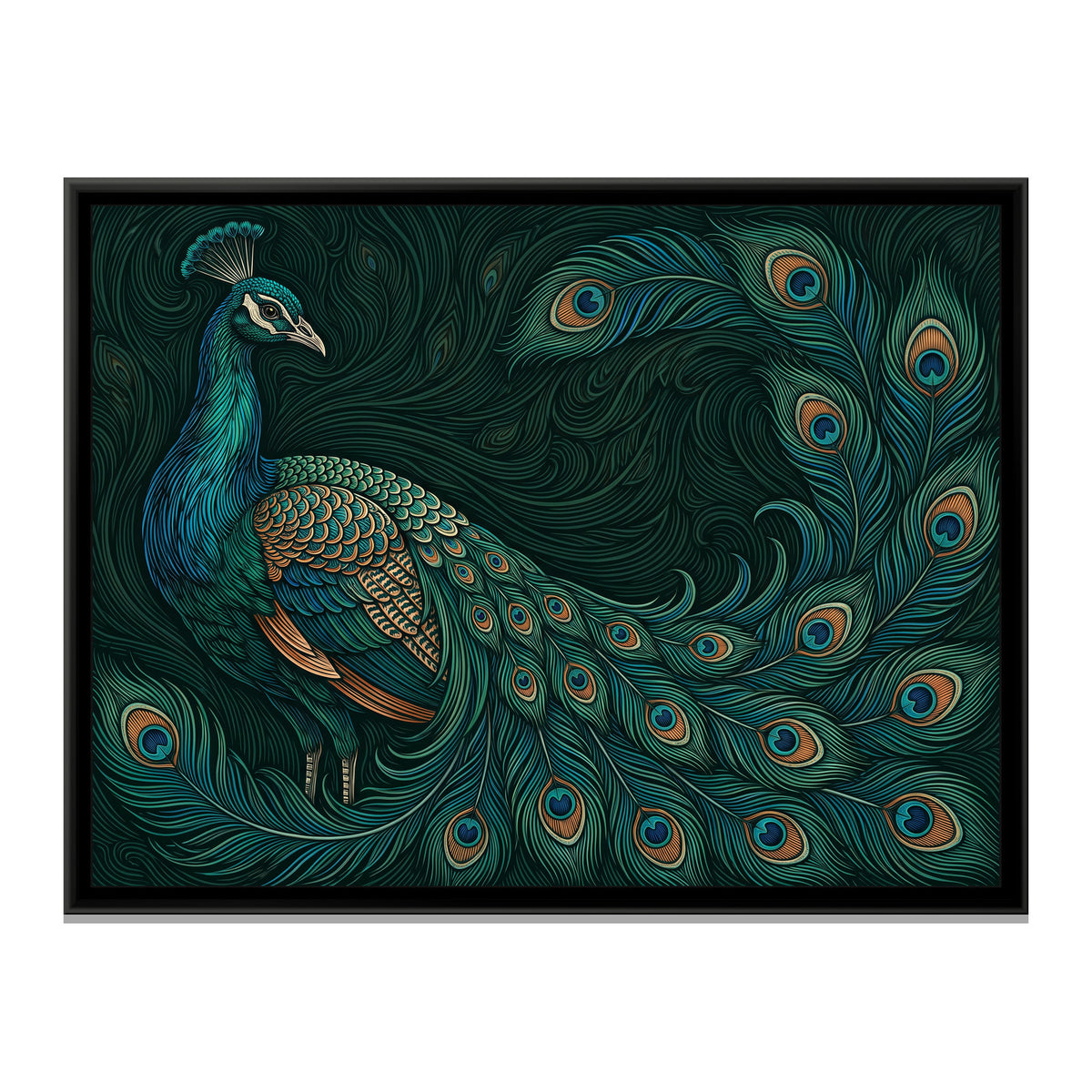 Sweeping Plumage in Teal - framed canvas print, front view