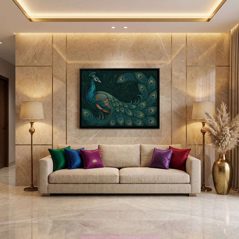 Sweeping Plumage in Teal - canvas art shown in a second room setting