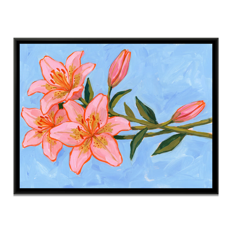 Pink Lilies in Bloom - framed canvas print, front view