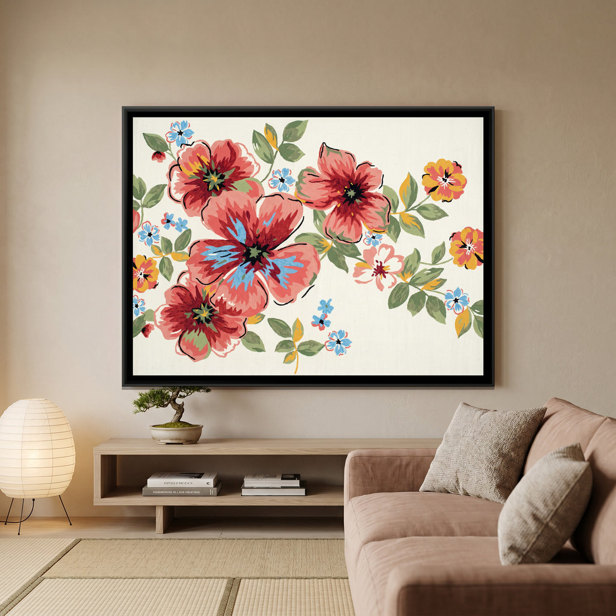 Crimson and Coral Meadow - canvas art shown in a styled room