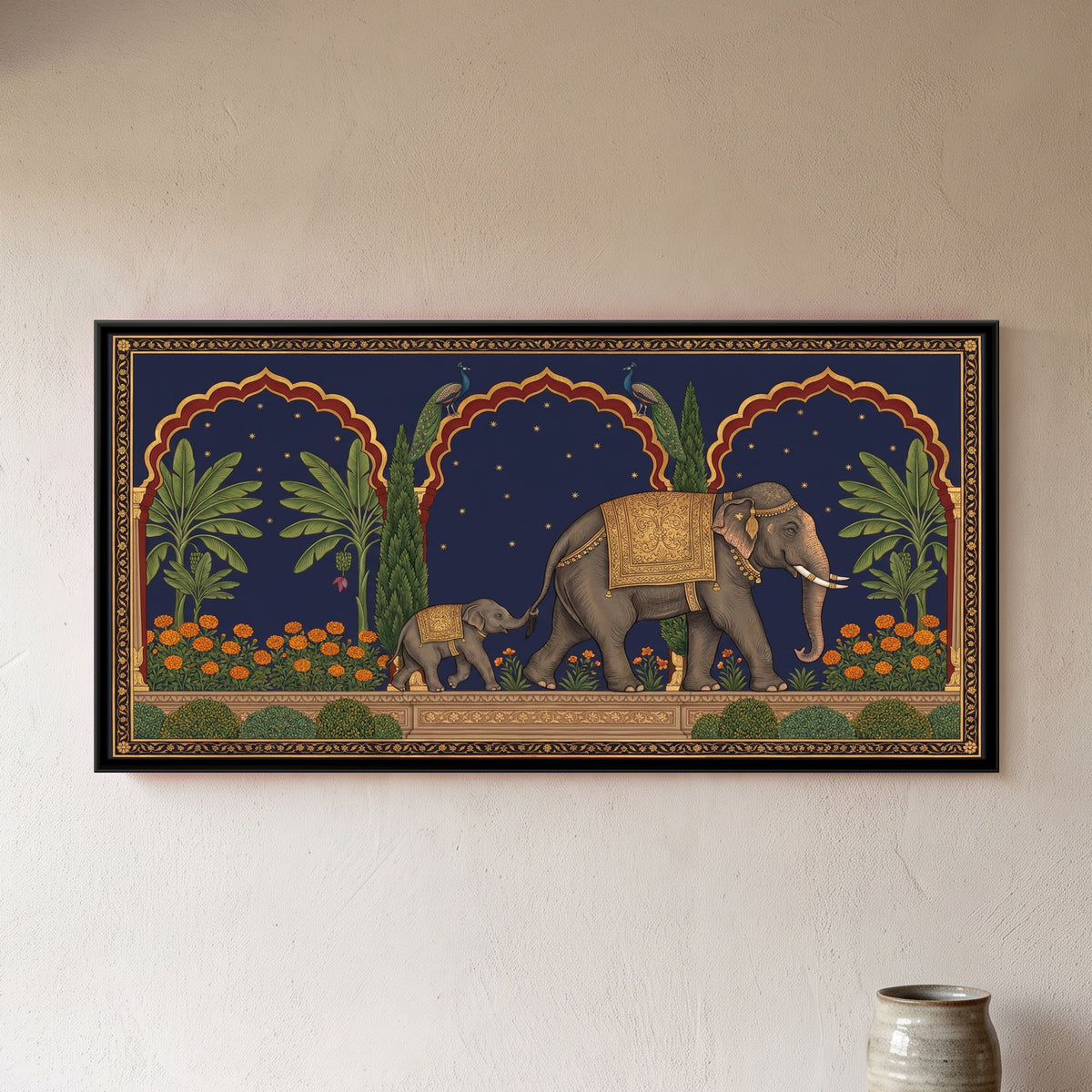 Elephant and Calf on a Marigold Terrace in Deep Indigo - framed canvas art hung on a wall