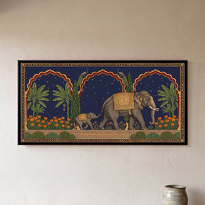 View 1 of Elephant and Calf on a Marigold Terrace in Deep Indigo