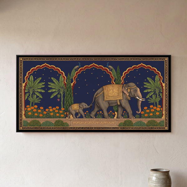 Elephant and Calf on a Marigold Terrace in Deep Indigo