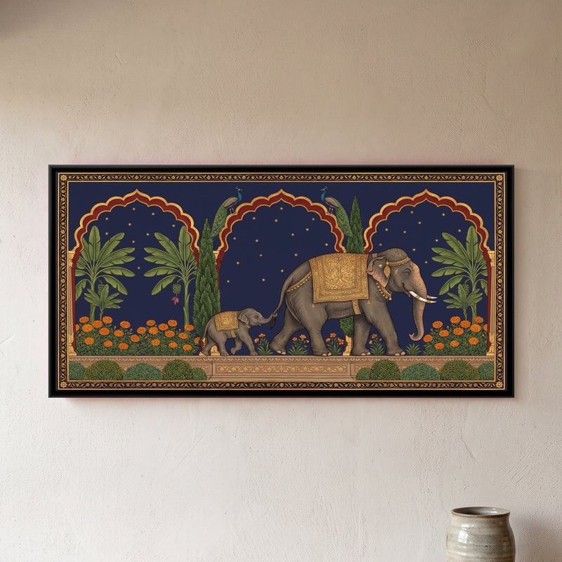 Elephant and Calf on a Marigold Terrace in Deep Indigo - framed canvas art hung on a wall