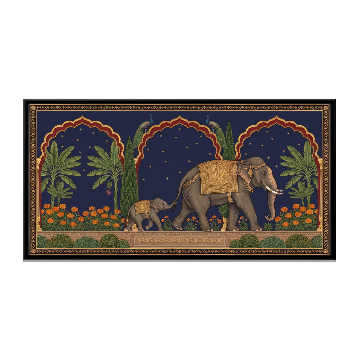 Elephant and Calf on a Marigold Terrace in Deep Indigo - framed canvas print, front view