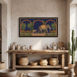 View 3 of Elephant and Calf on a Marigold Terrace in Deep Indigo