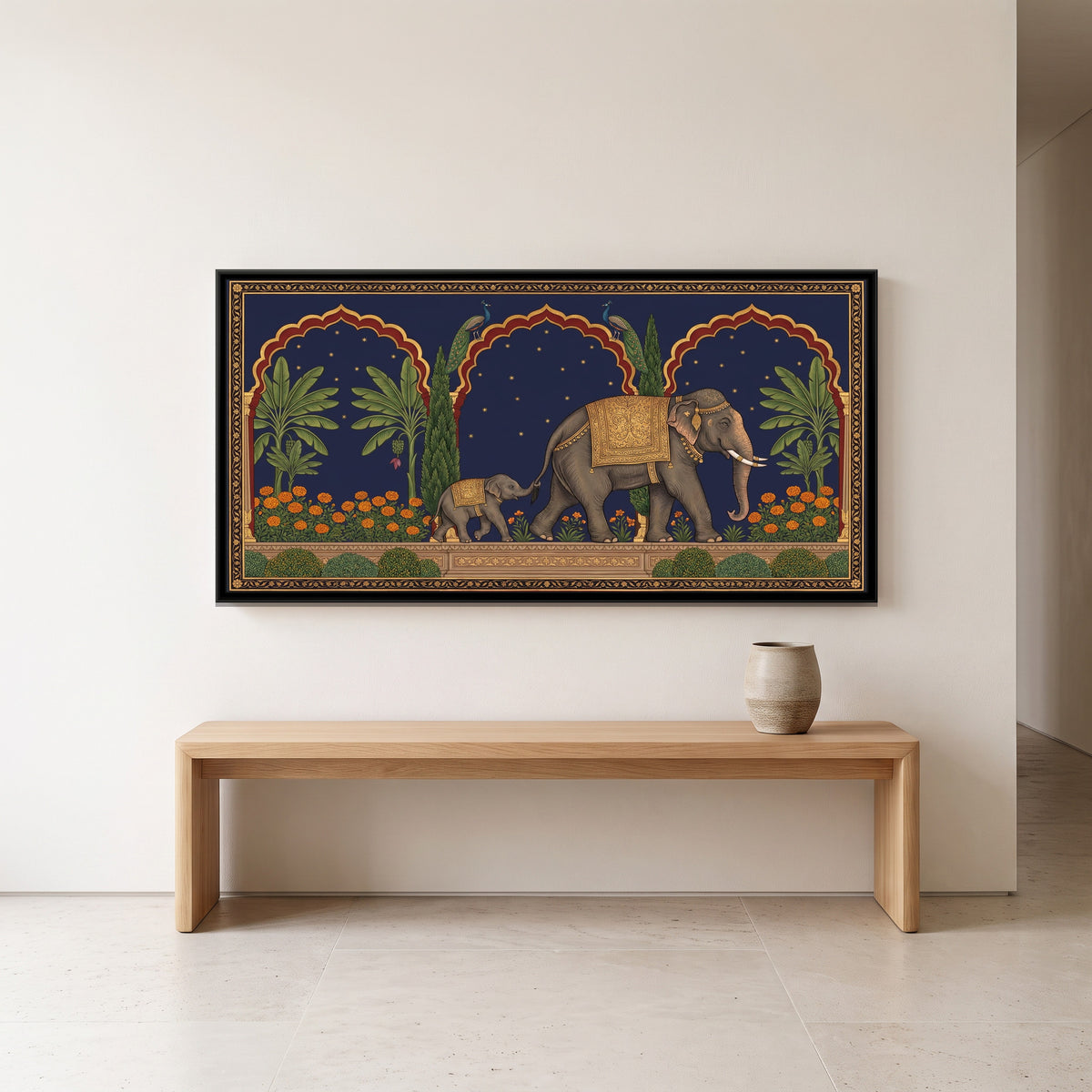 Elephant and Calf on a Marigold Terrace in Deep Indigo - canvas art shown in a second room setting