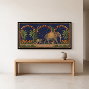 View 4 of Elephant and Calf on a Marigold Terrace in Deep Indigo