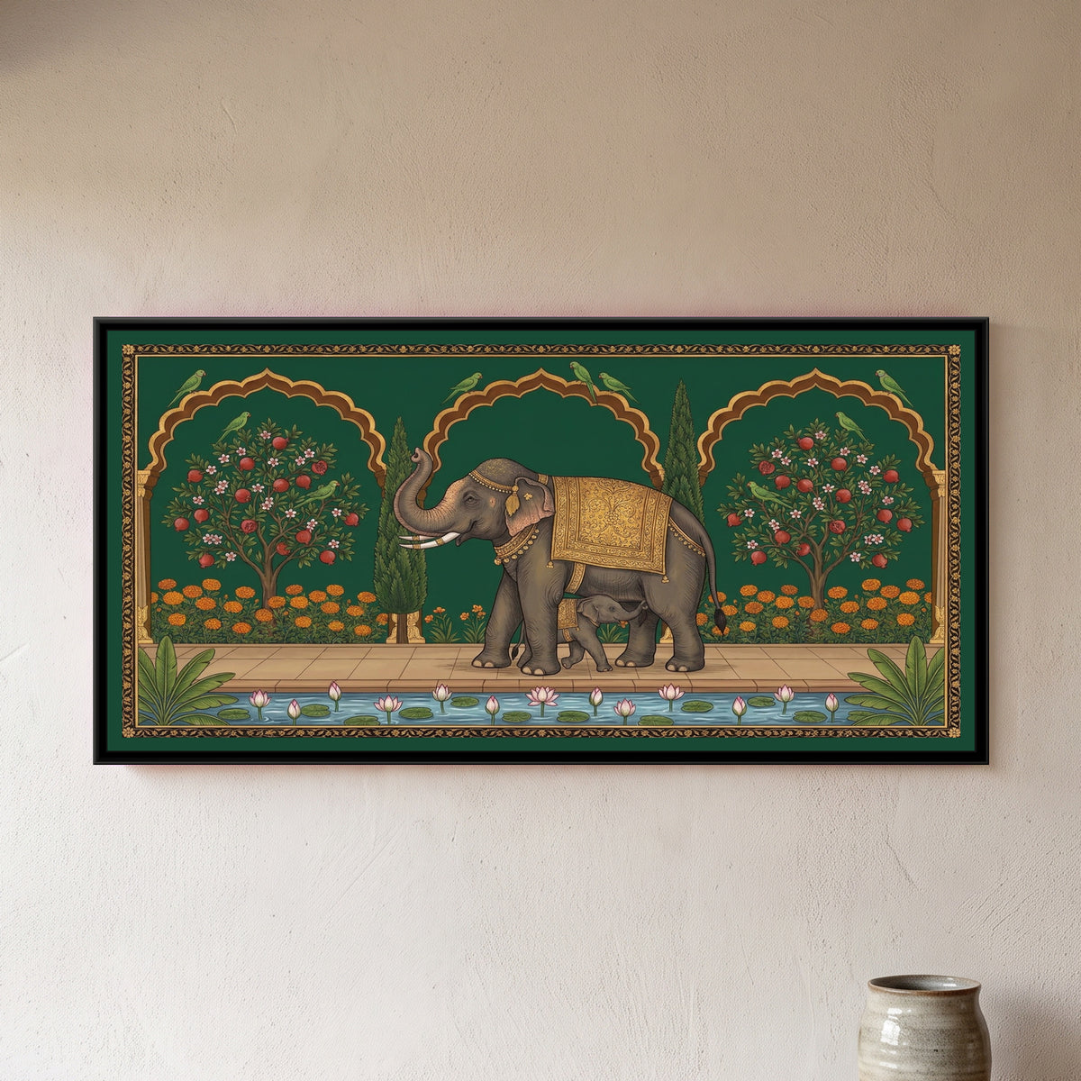 Elephant and Calf on a Marigold Terrace in Deep Emerald - framed canvas art hung on a wall