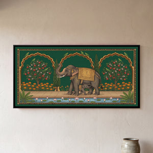 View 1 of Elephant and Calf on a Marigold Terrace in Deep Emerald