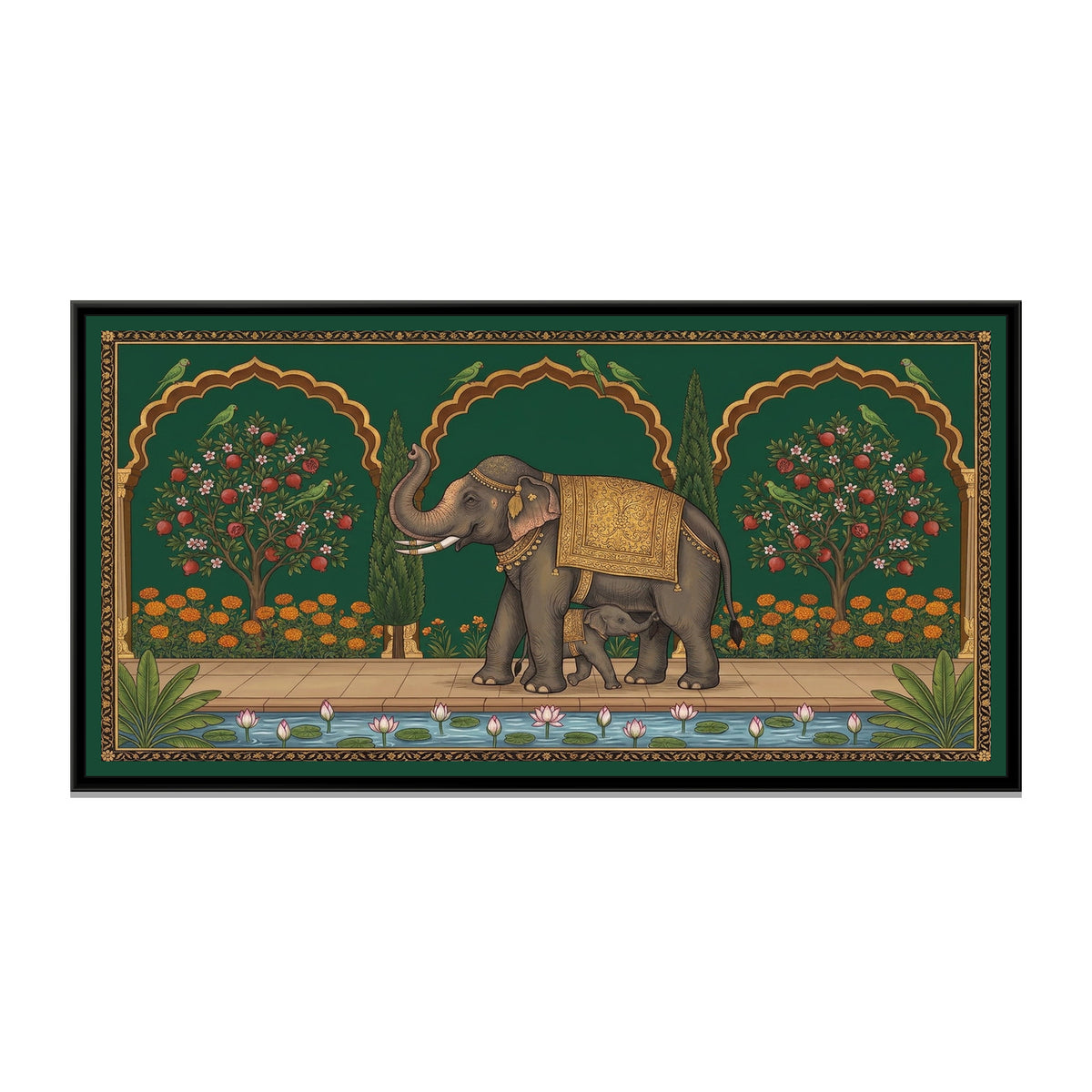 Elephant and Calf on a Marigold Terrace in Deep Emerald - framed canvas print, front view