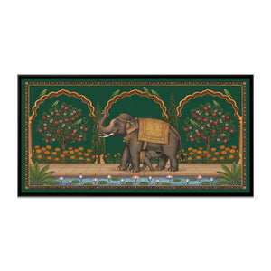View 2 of Elephant and Calf on a Marigold Terrace in Deep Emerald