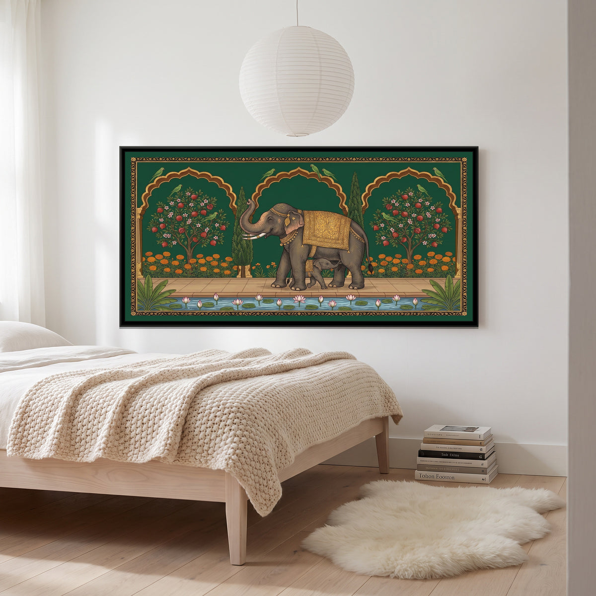 Elephant and Calf on a Marigold Terrace in Deep Emerald - canvas art shown in a styled room
