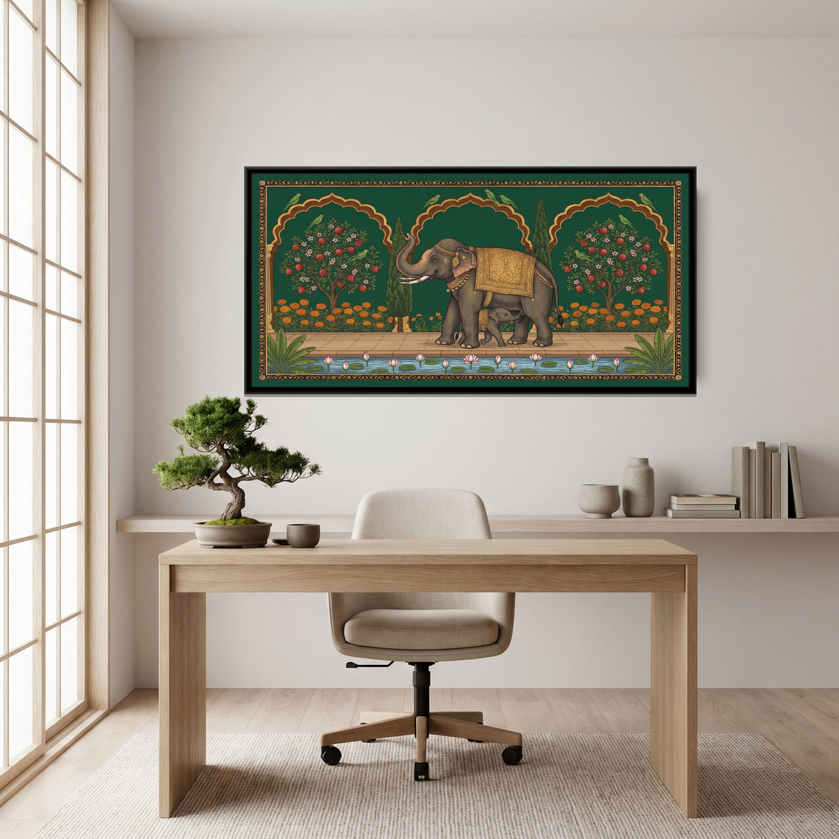 Elephant and Calf on a Marigold Terrace in Deep Emerald - canvas art shown in a second room setting