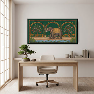 View 4 of Elephant and Calf on a Marigold Terrace in Deep Emerald