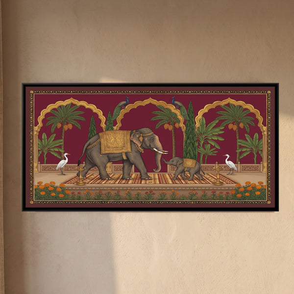 Elephant and Calf on a Marigold Terrace in Crimson