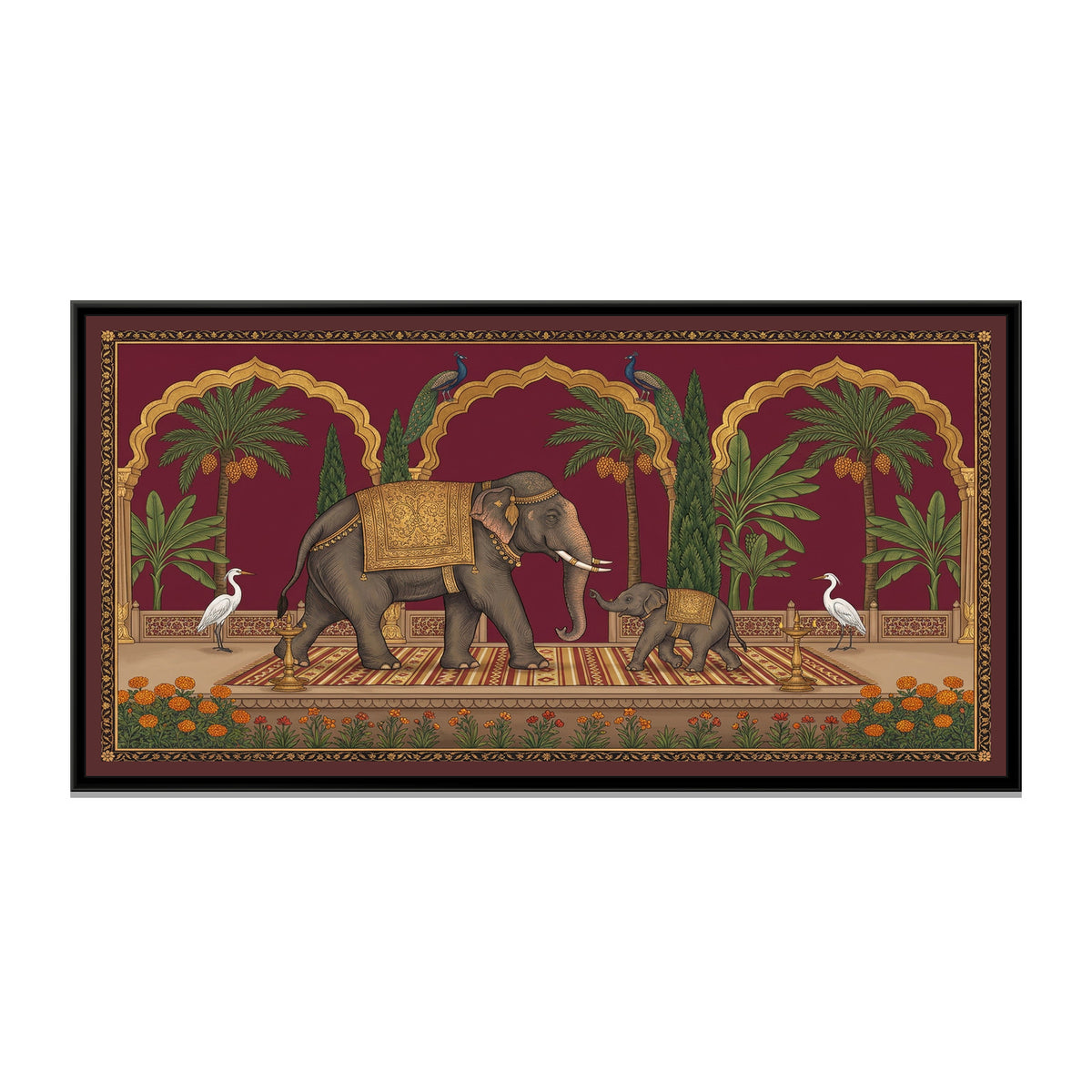 Elephant and Calf on a Marigold Terrace in Crimson - framed canvas print, front view