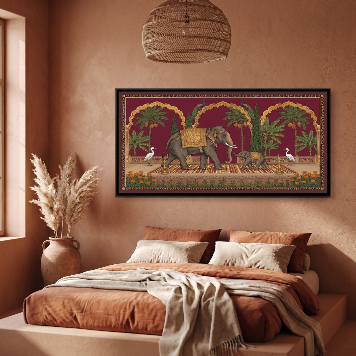 Elephant and Calf on a Marigold Terrace in Crimson - canvas art shown in a styled room