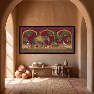 View 4 of Elephant and Calf on a Marigold Terrace in Crimson