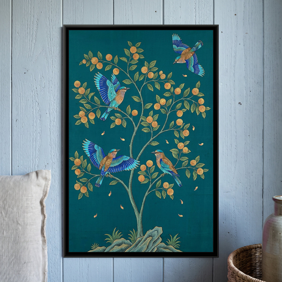 Indian Rollers in a Flowering Kadamba on Deep Teal Silk - framed canvas art hung on a wall