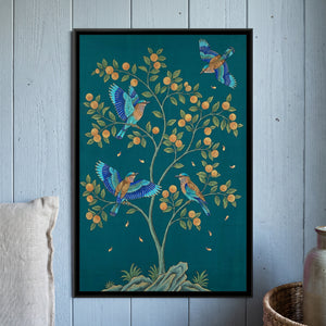 View 1 of Indian Rollers in a Flowering Kadamba on Deep Teal Silk