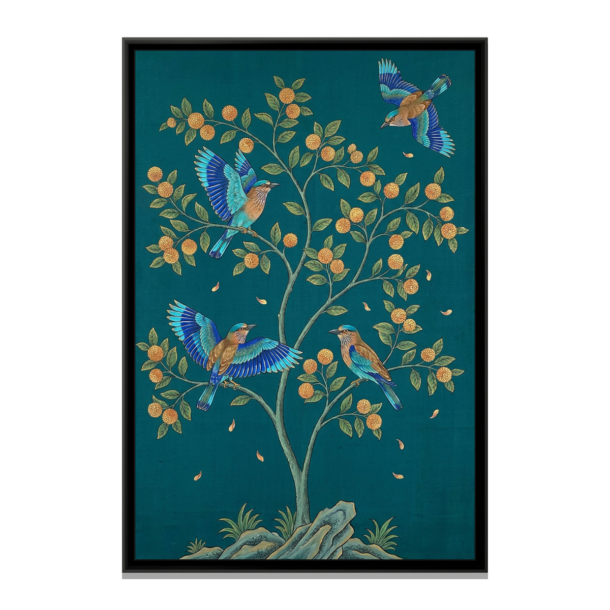Indian Rollers in a Flowering Kadamba on Deep Teal Silk - framed canvas print, front view