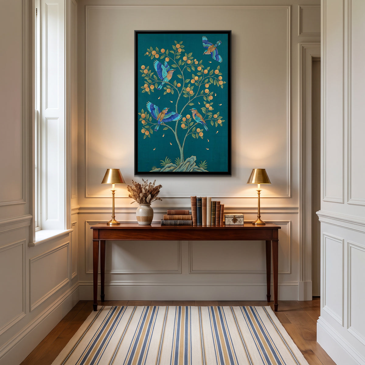 Indian Rollers in a Flowering Kadamba on Deep Teal Silk - canvas art shown in a second room setting