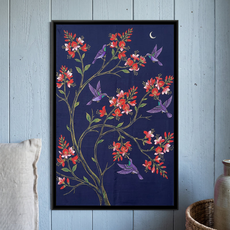 Sunbirds in a Coral Tree on Deep Indigo Silk - framed canvas art hung on a wall