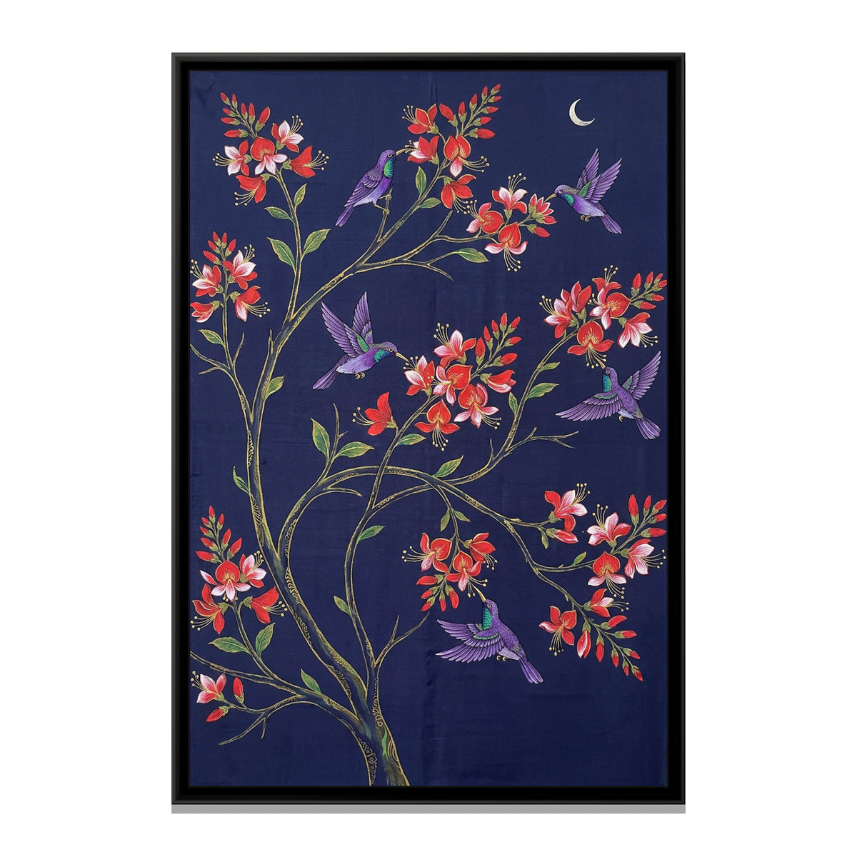 Sunbirds in a Coral Tree on Deep Indigo Silk - framed canvas print, front view