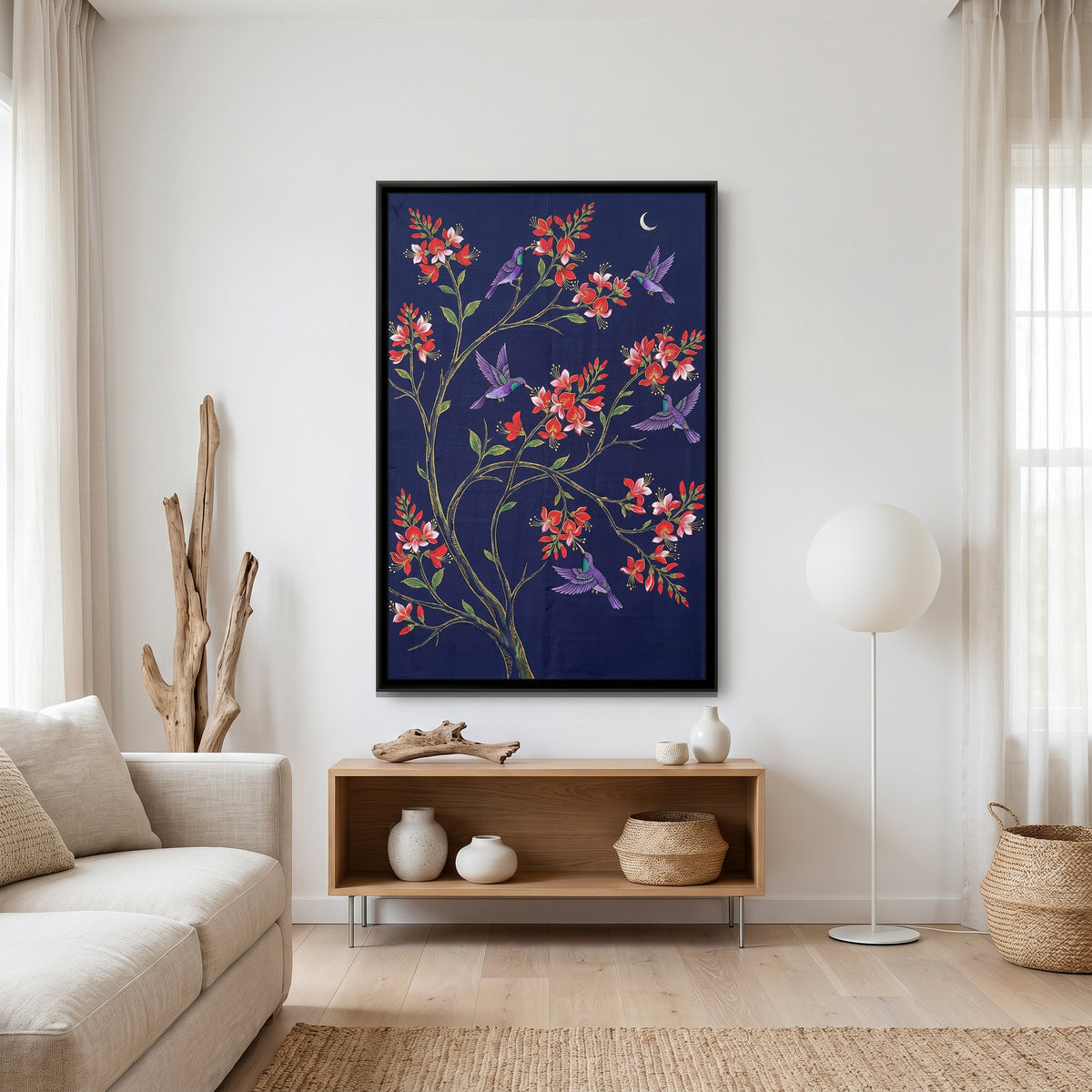 Sunbirds in a Coral Tree on Deep Indigo Silk - canvas art shown in a styled room