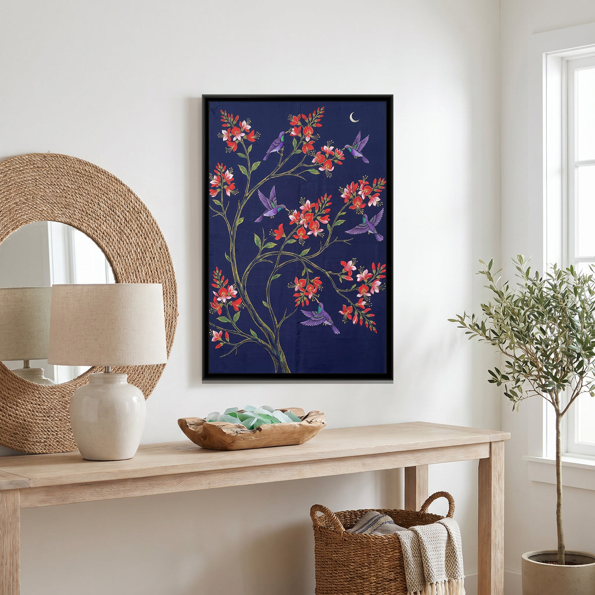 Sunbirds in a Coral Tree on Deep Indigo Silk - canvas art shown in a second room setting