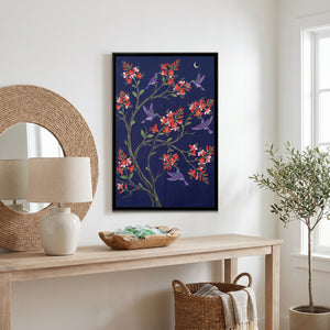 View 4 of Sunbirds in a Coral Tree on Deep Indigo Silk